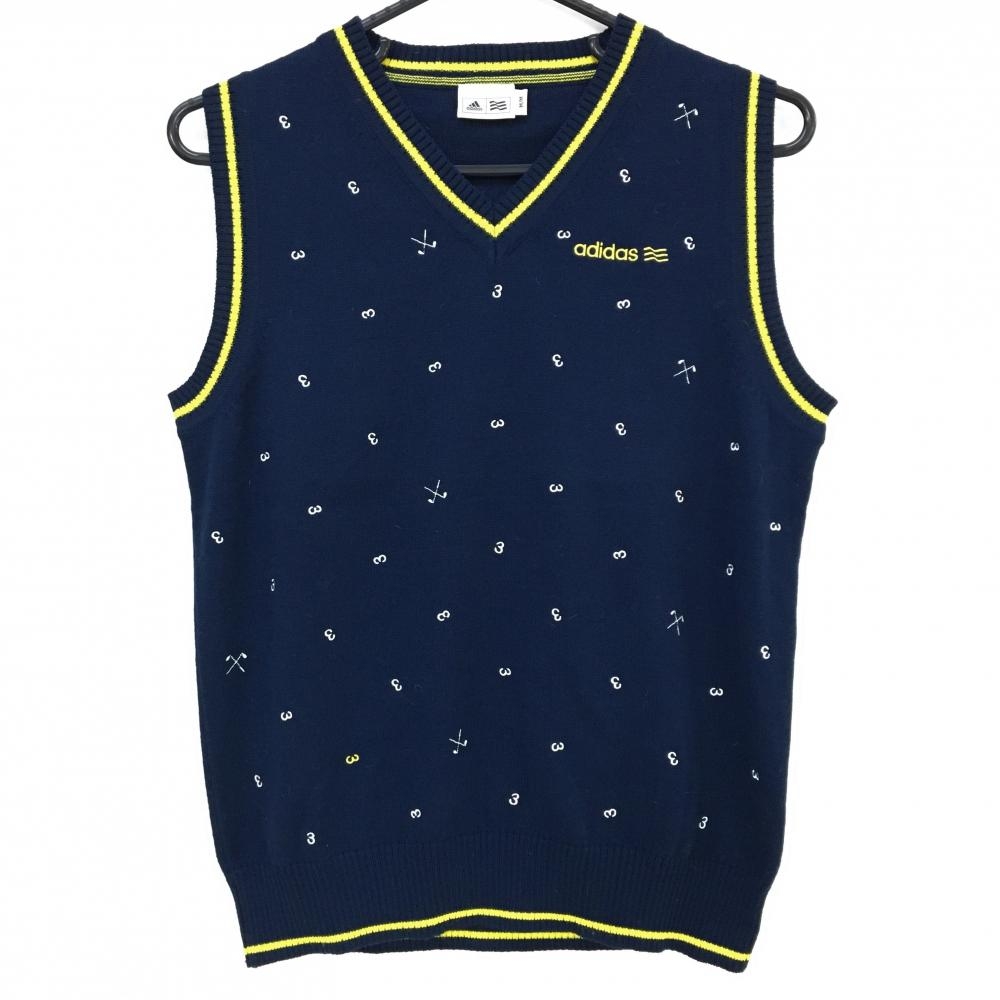 【超美品】アディダス ニットベスト ネイビー×イエロー 総柄刺しゅう Vネック レディース M/M ゴルフウェア adidas