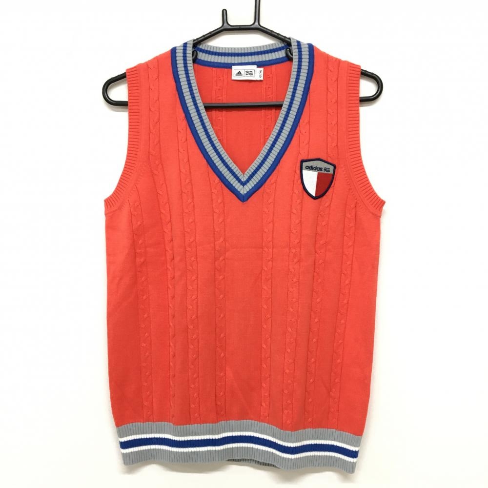 【美品】アディダス ニットベスト レッドオレンジ×ブルー ケーブル編み Vネック ロゴワッペン レディース OT/XG(XL) ゴルフウェア adidas