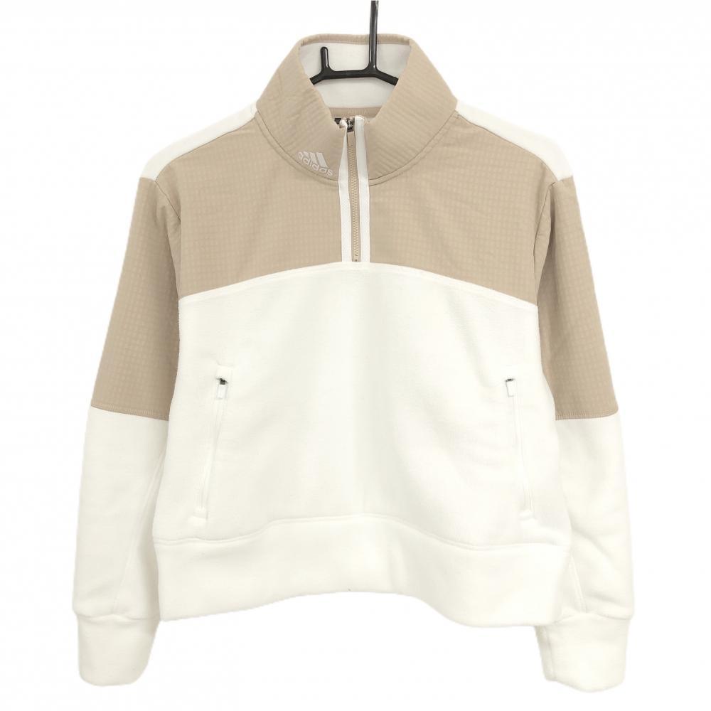 【美品】アディダス フリースブルゾン 白×ベージュ ハーフジップ 切替素材 レディース L ゴルフウェア adidas