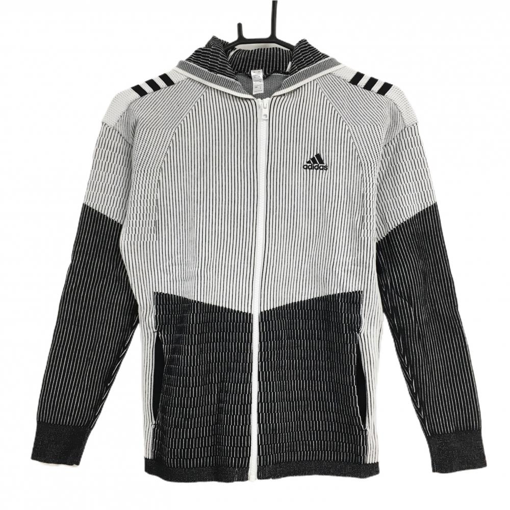 アディダス ニットジップパーカー 白×黒 ストライプ 肩3ライン レディース M ゴルフウェア adidas