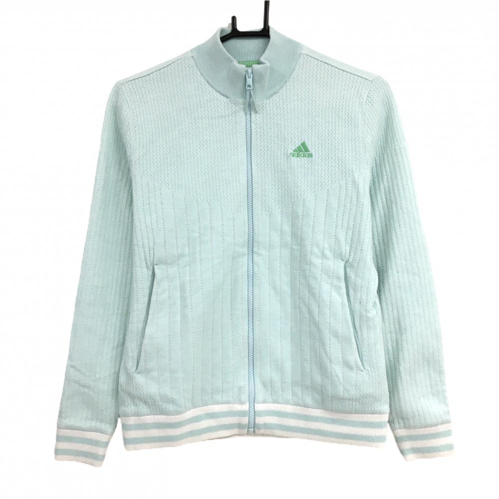 アディダス ニットジャケット ミントグリーン 一部ストライプ編み 袖口・裾ライン 裏地付 レディース M ゴルフウェア adidas