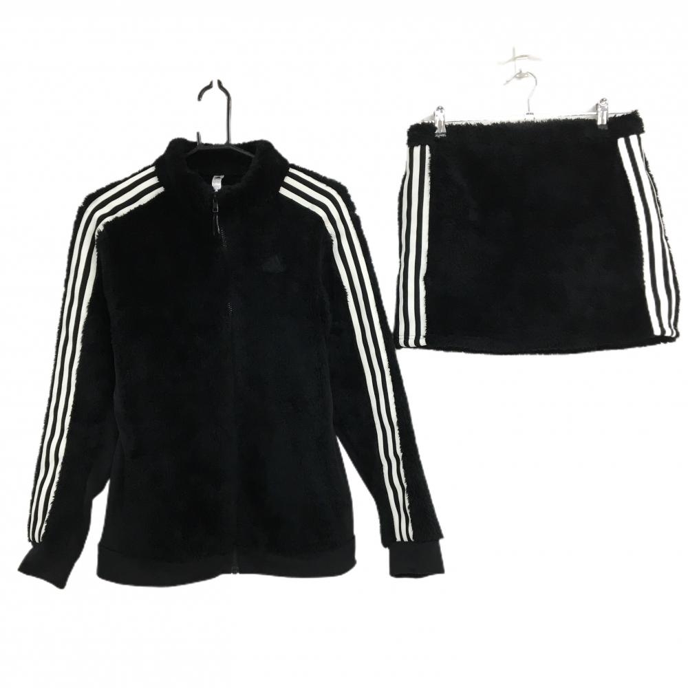 【美品】アディダス セットアップ(ボアジャケット×ボアスカート) 黒×白 肩・袖3ライン スカート レディース OT ゴルフウェア adidas