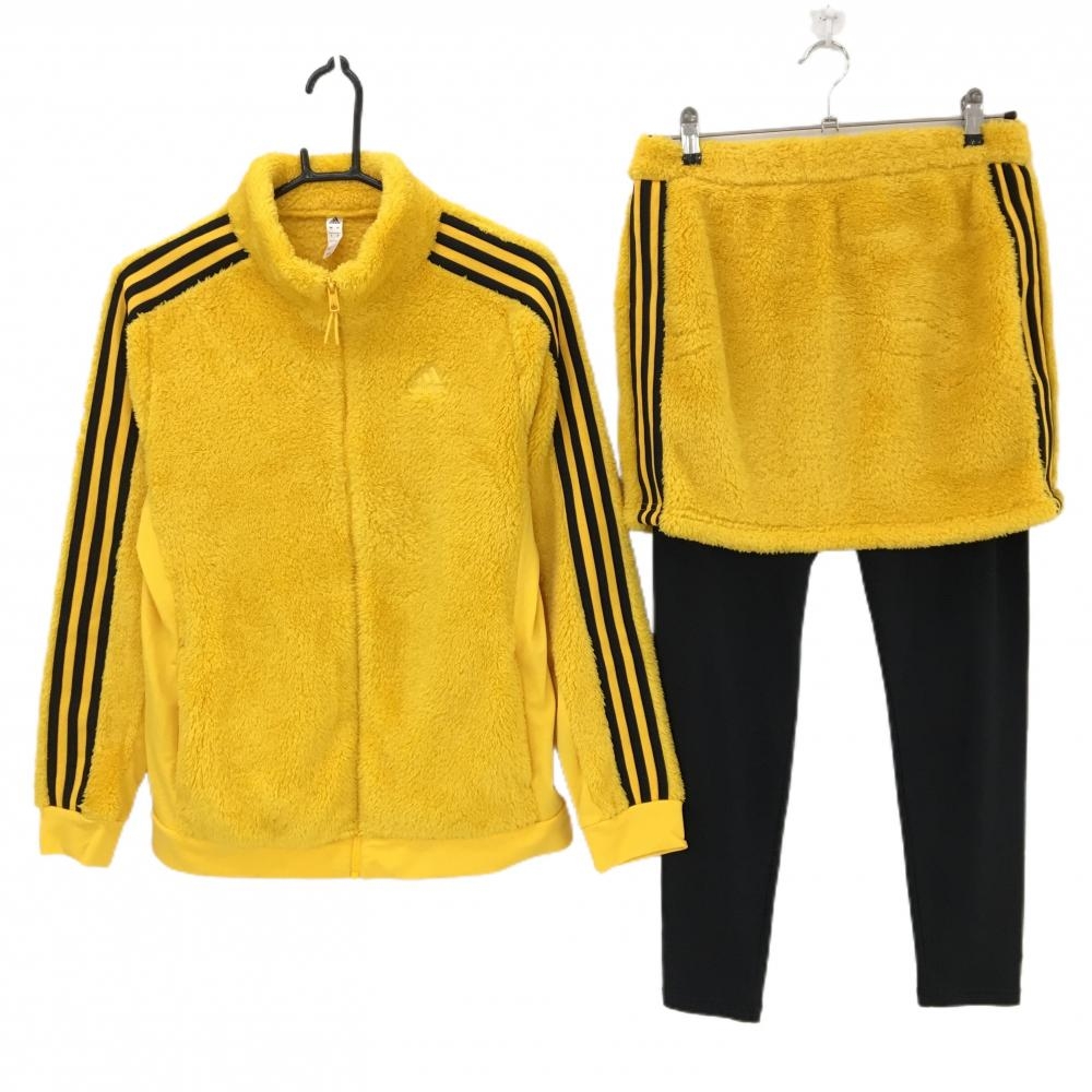 【美品】アディダス セットアップ(ジャケット×スカート×レギンス) イエロー×黒 ボア 3ライン レディース OT(XL) ゴルフウェア adidas