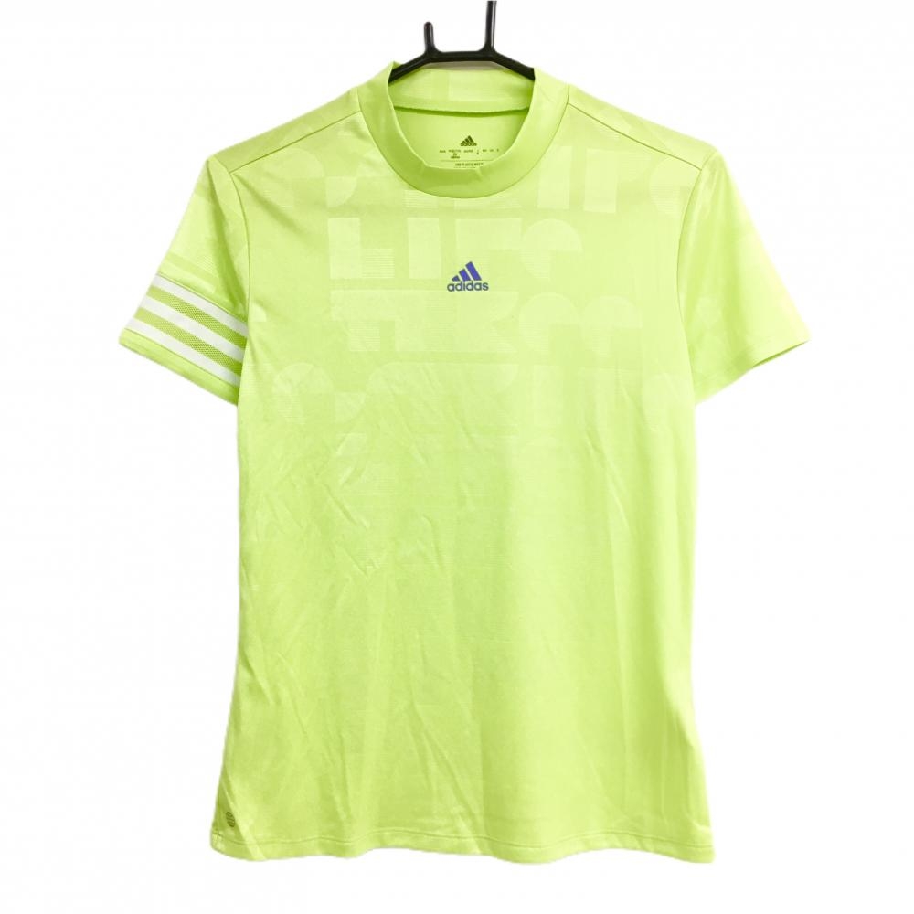 【超美品】アディダス 半袖ポロシャツ ライトグリーン 英字地模様 袖一部メッシュ・3ライン レディース M ゴルフウェア adidas 画像