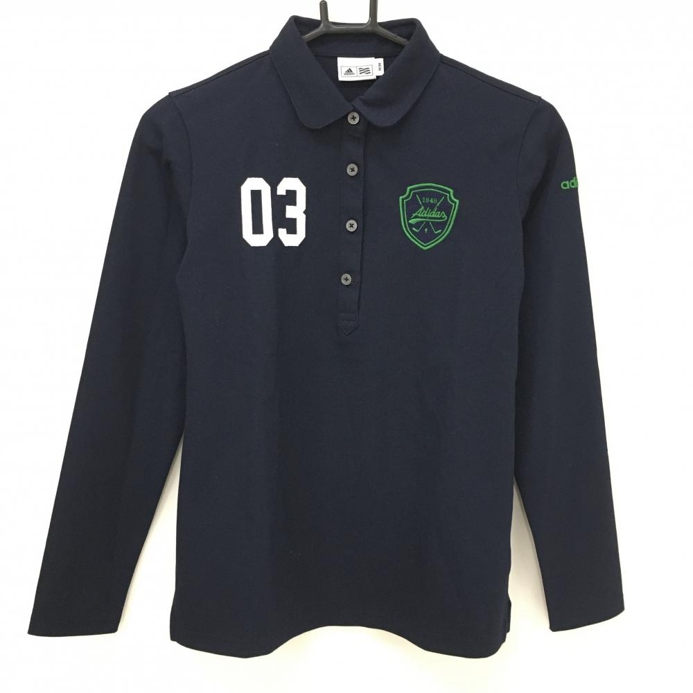 【美品】アディダス 長袖ポロシャツ ネイビー×グリーン 袖刺しゅう レディース M/M ゴルフウェア adidas