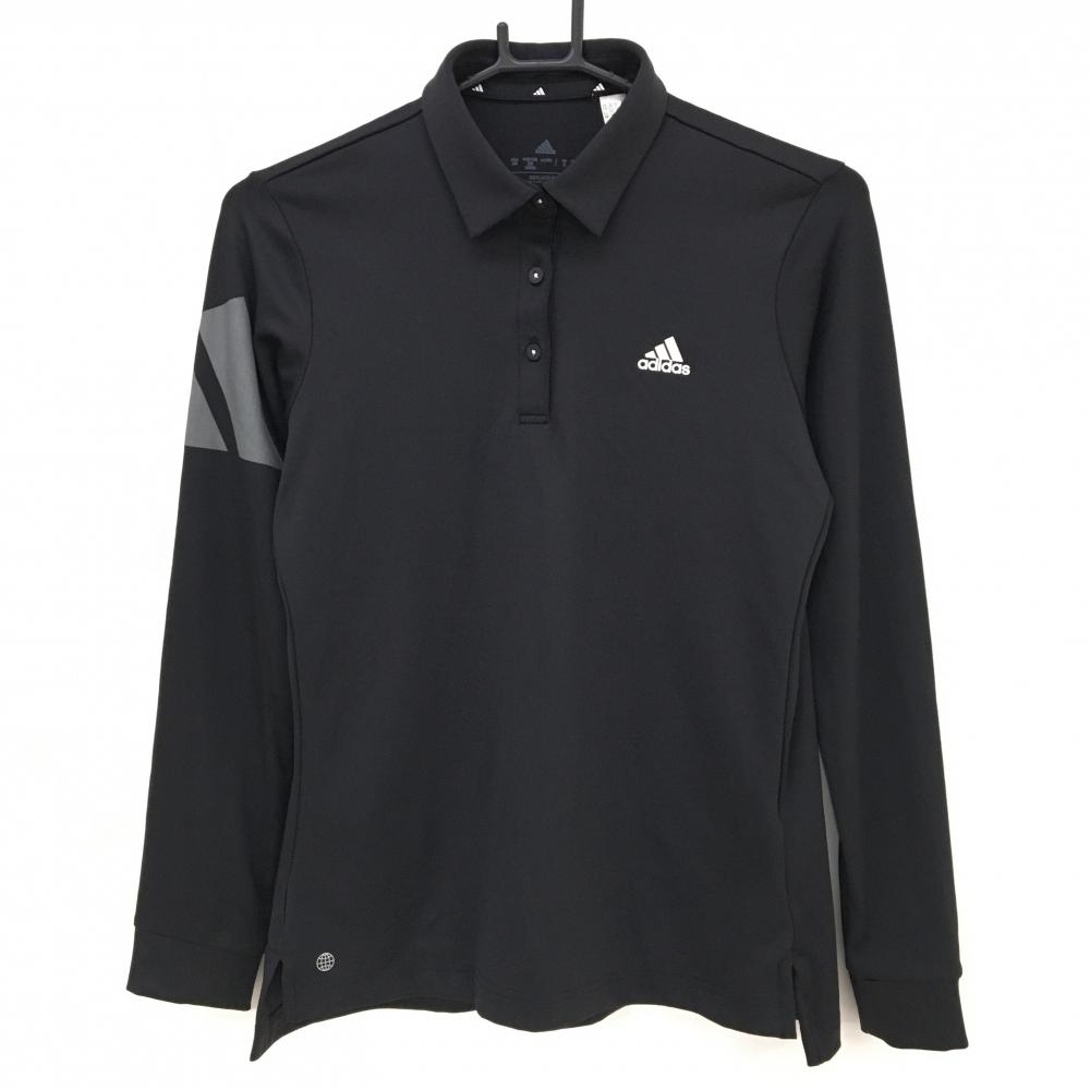 【超美品】アディダス 長袖ポロシャツ 黒×グレー ボタンダウン 袖ロゴプリント レディース L ゴルフウェア adidas