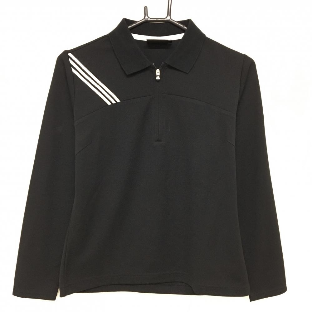 アディダス 長袖ポロシャツ 黒×白 3ライン ハーフジップ 袖ロゴ刺しゅう レディース M/M ゴルフウェア adidas