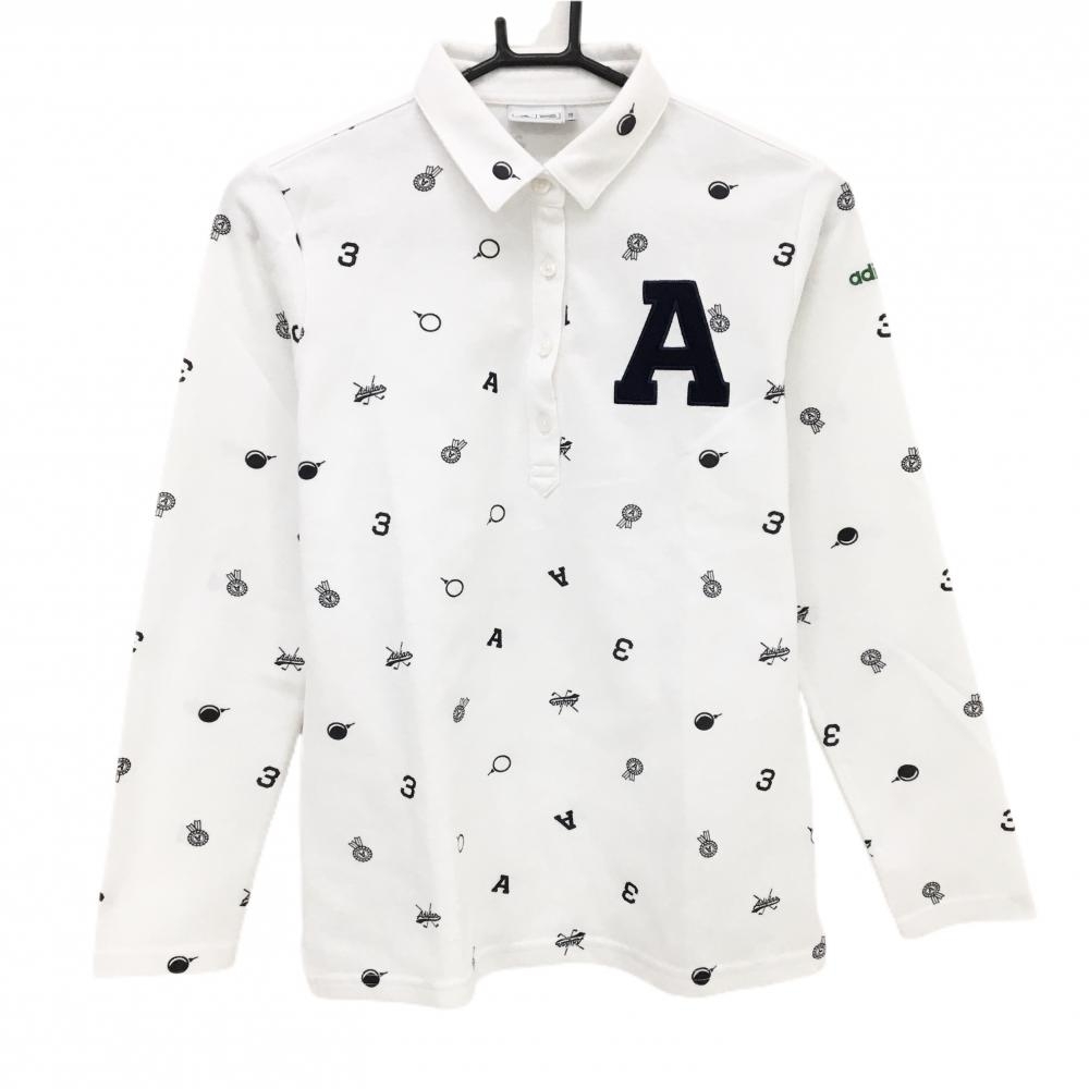 アディダス 長袖ポロシャツ 白×ネイビー 総柄 レディース L/G ゴルフウェア adidas