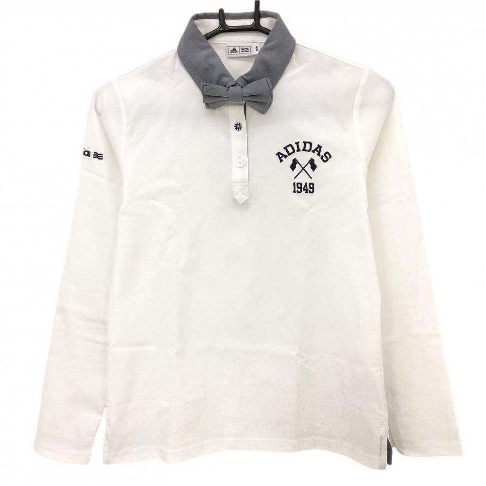 アディダス 長袖ポロシャツ 白×ネイビー 襟元リボン取外し可 ボタンダウン レディース M/M ゴルフウェア adidas