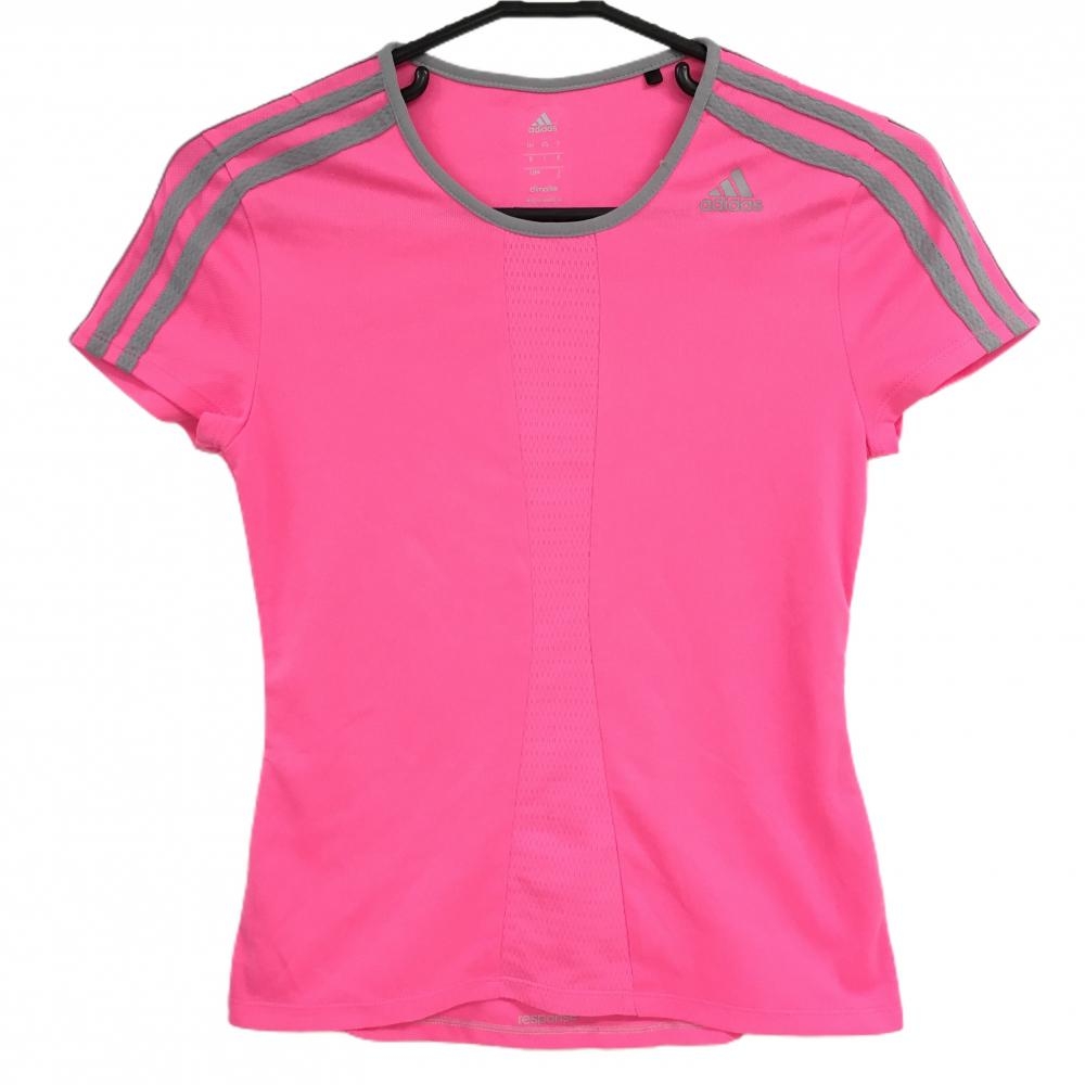 美品】アディダス Tシャツ 蛍光ピンク×グレー 肩3ライン レディース S