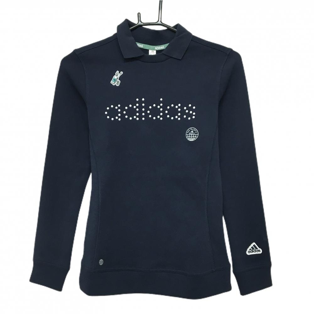 【新品】アディダス 襟付長袖シャツ ネイビー フロントロゴ 厚手 レディース XS ゴルフウェア adidas