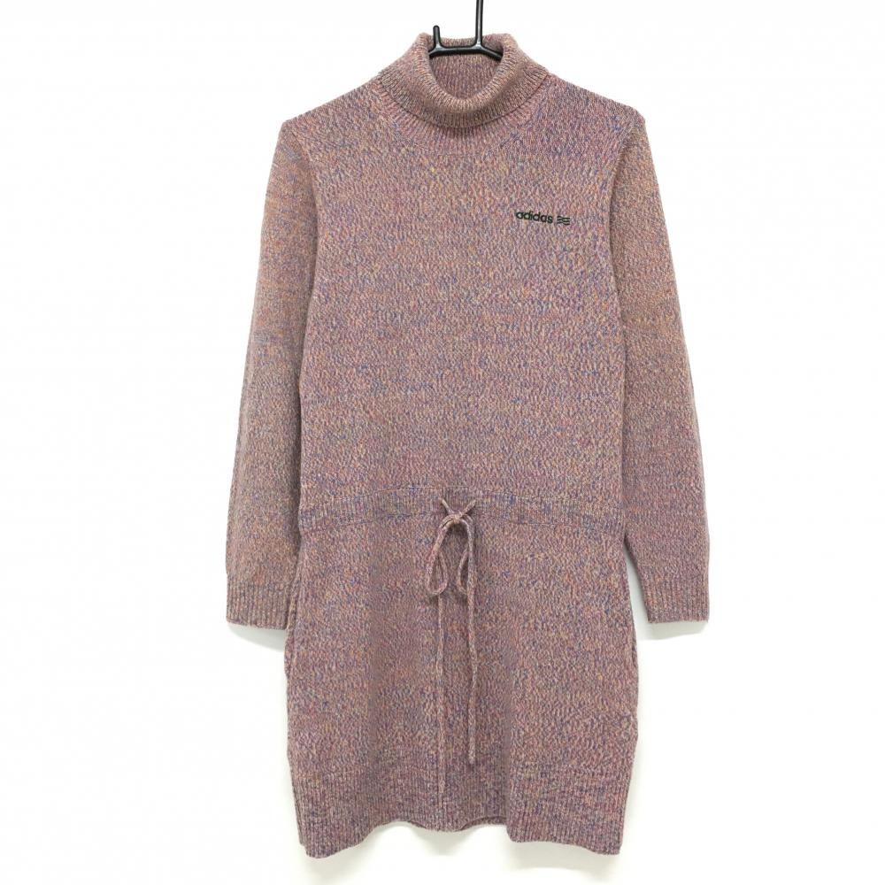 【超美品】アディダス タートルネックニットワンピース ピンク系×マルチカラー ウエスト調整紐 レディース OT ゴルフウェア adidas