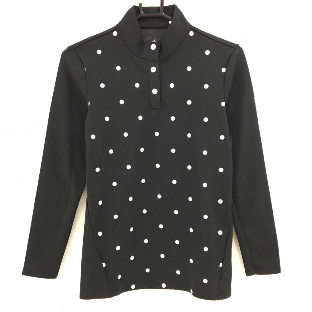 【美品】アディダス 長袖ハイネックシャツ 黒×白 前身頃ドット柄 スナップボタン 裏微起毛 レディース L ゴルフウェア adidas