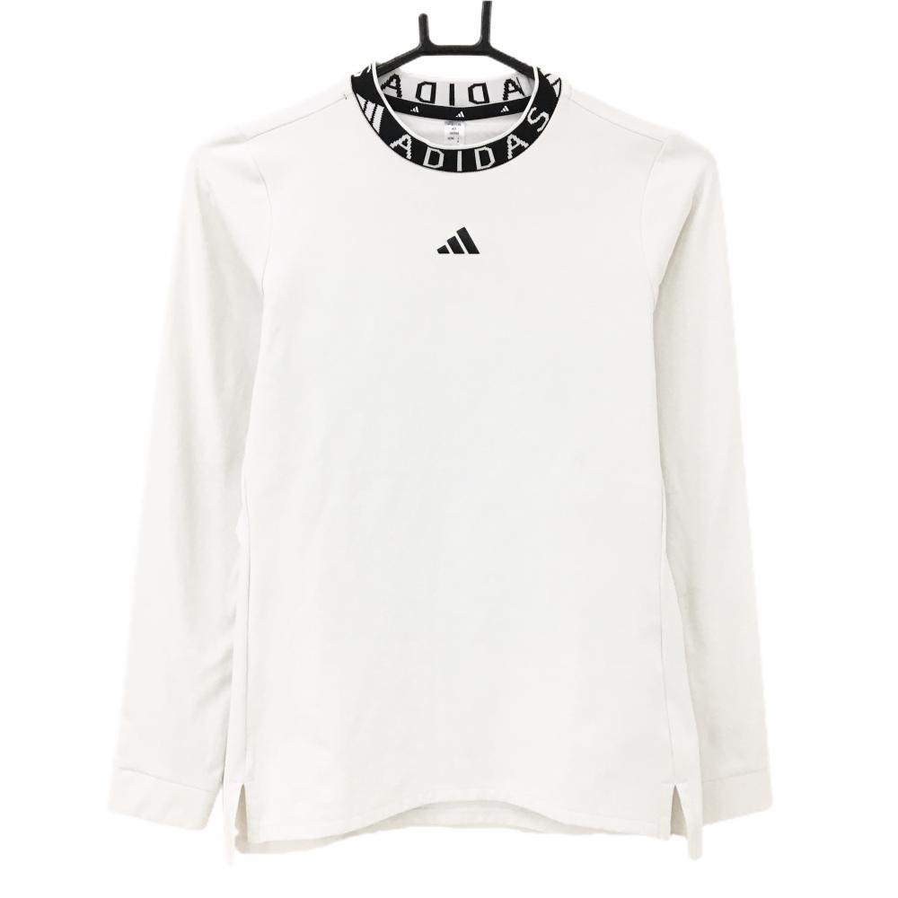【超美品】アディダス 長袖ハイネックシャツ 白×黒 裏微起毛 ストレッチ ネックロゴ  レディース M ゴルフウェア 2023年モデル adidas