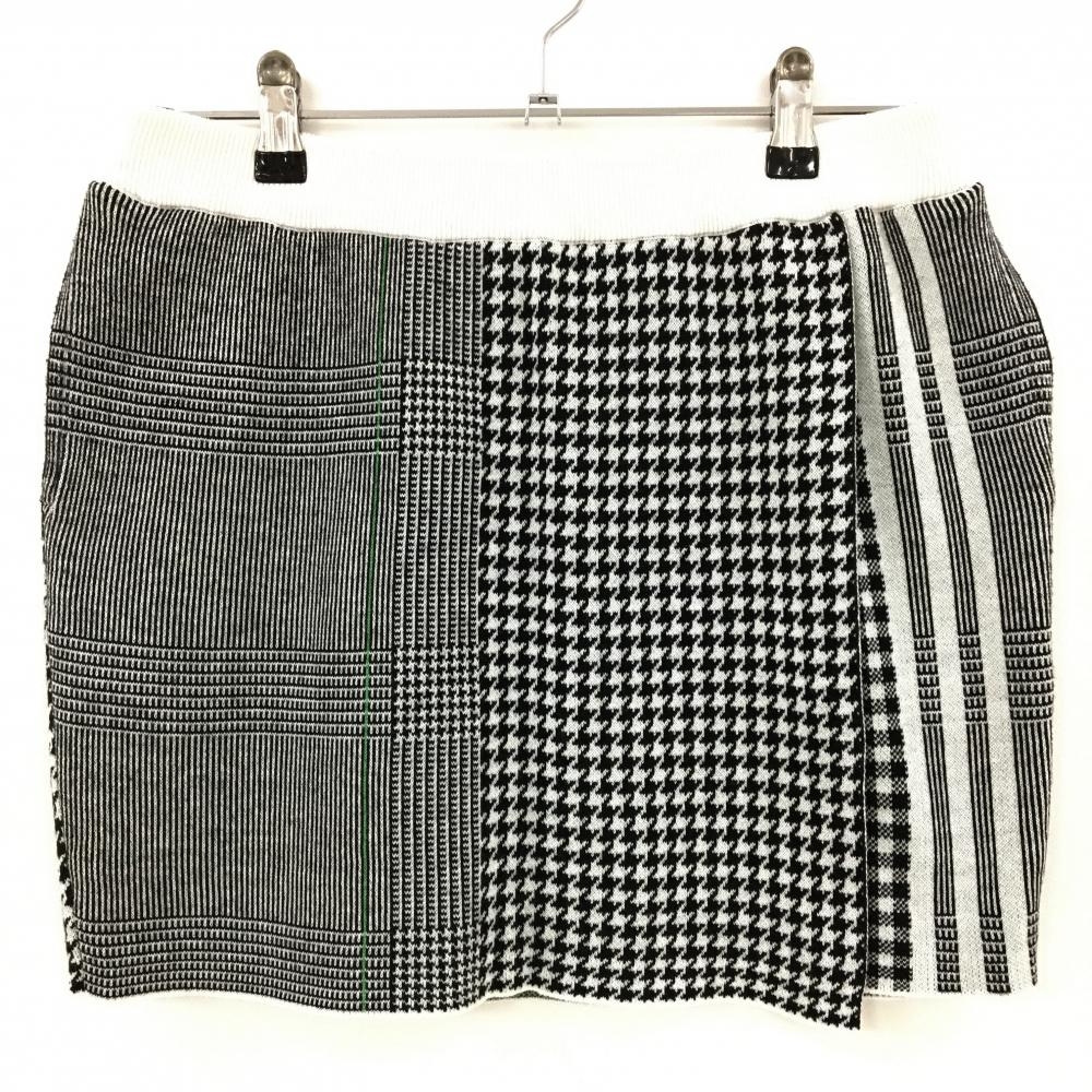 【美品】アディダス ニットスカート 白×黒 一部千鳥柄 ストライプ ウール混 ウエストゴム  レディース J/L ゴルフウェア adidas