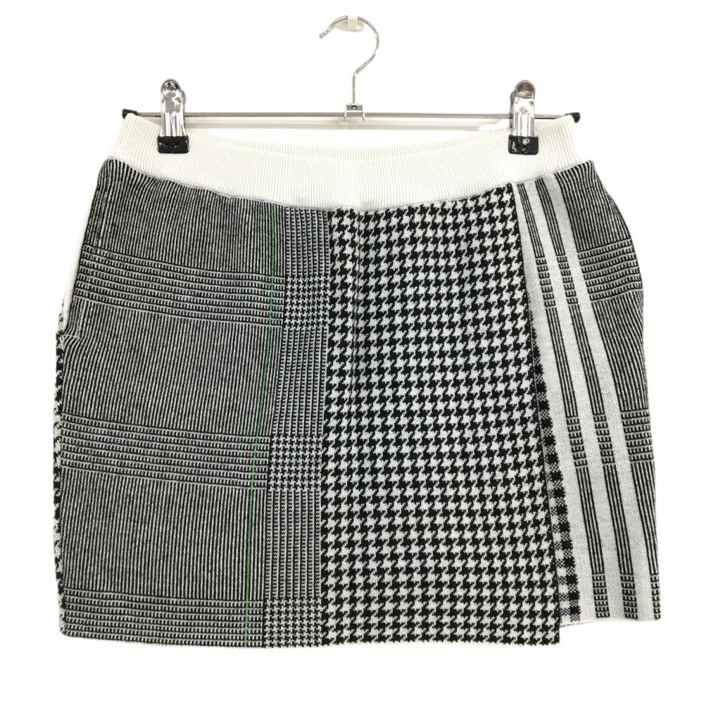 【美品】アディダス ニットスカート 白×黒 総柄 チェック ストライプ ウエストゴム レディース J/M ゴルフウェア adidas