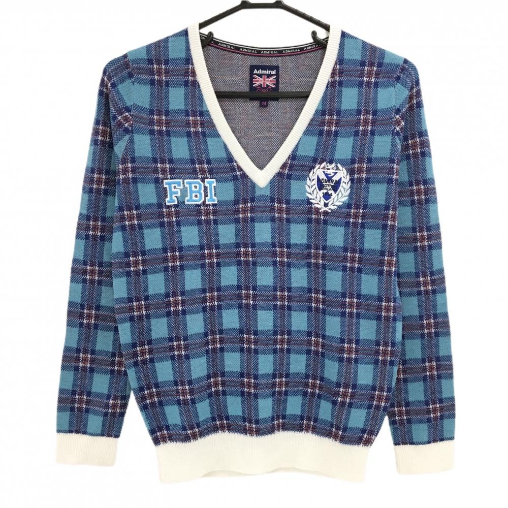 【美品】アドミラル セーター ライトブルー×白 チェック Vネック ロゴ刺しゅう ニット レディース M ゴルフウェア Admiral