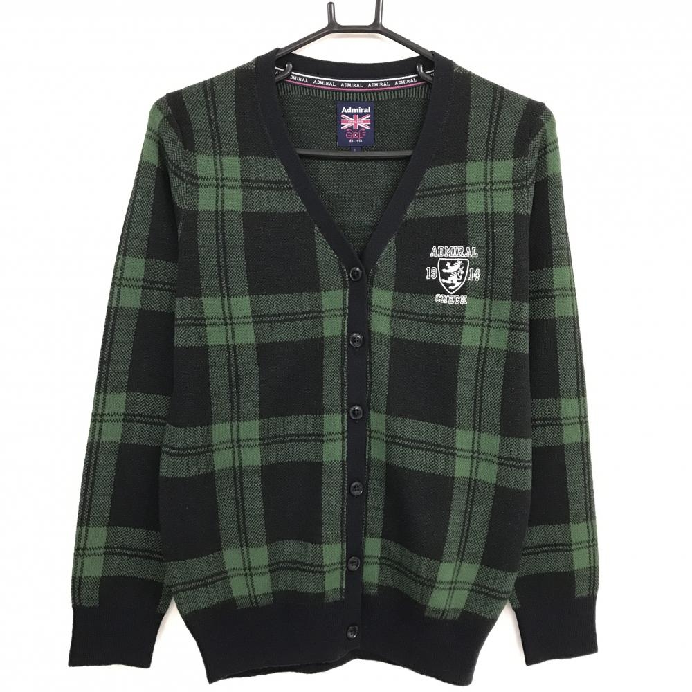 アドミラル カーディガン グリーン×ネイビー チェック ロゴ刺しゅう ウール混  レディース L ゴルフウェア Admiral