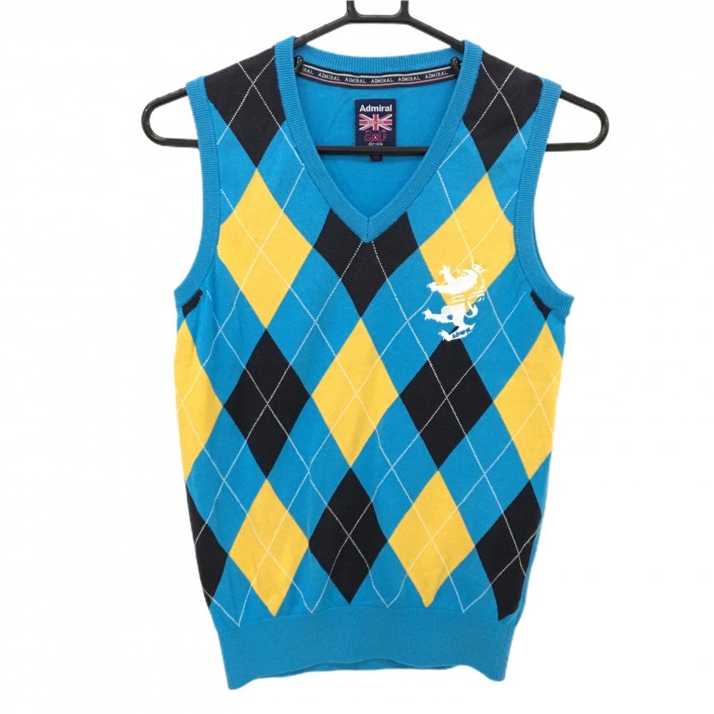 【超美品】アドミラル ニットベスト ライトブルー×イエロー アーガイル柄 ロゴ刺しゅう レディース M ゴルフウェア Admiral