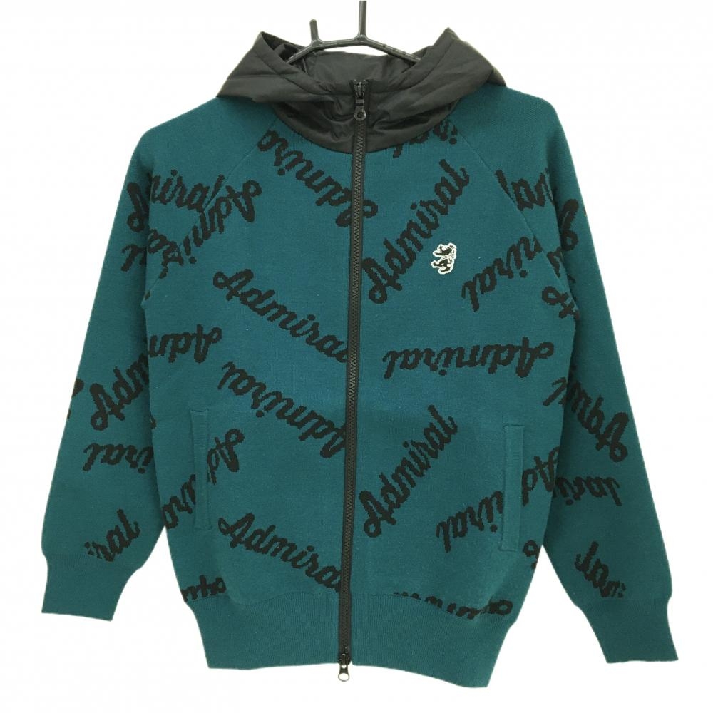 【美品】アドミラル ニットジップパーカー ブルーグリーン ロゴ総柄 フード中綿 裏地付 レディース S ゴルフウェア Admiral