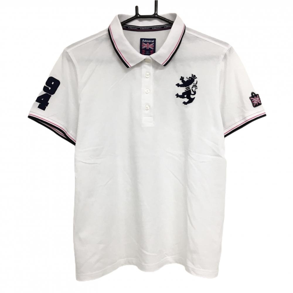 【美品】アドミラル 半袖ポロシャツ 白×ネイビー ロゴ刺しゅう 襟・袖口ライン 大きいサイズ レディース 4L ゴルフウェア Admiral