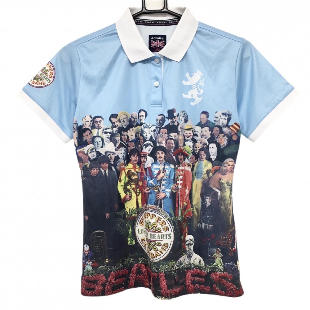 【美品】アドミラル 半袖ポロシャツ ライトブルー×マルチカラー フロントプリント ビートルズ レディース L ゴルフウェア Admiral