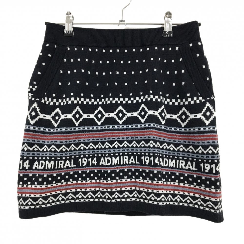 【美品】アドミラル ニットスカート ダークネイビー×白 スクエアドット 総柄 ウール混 レディース M ゴルフウェア Admiral
