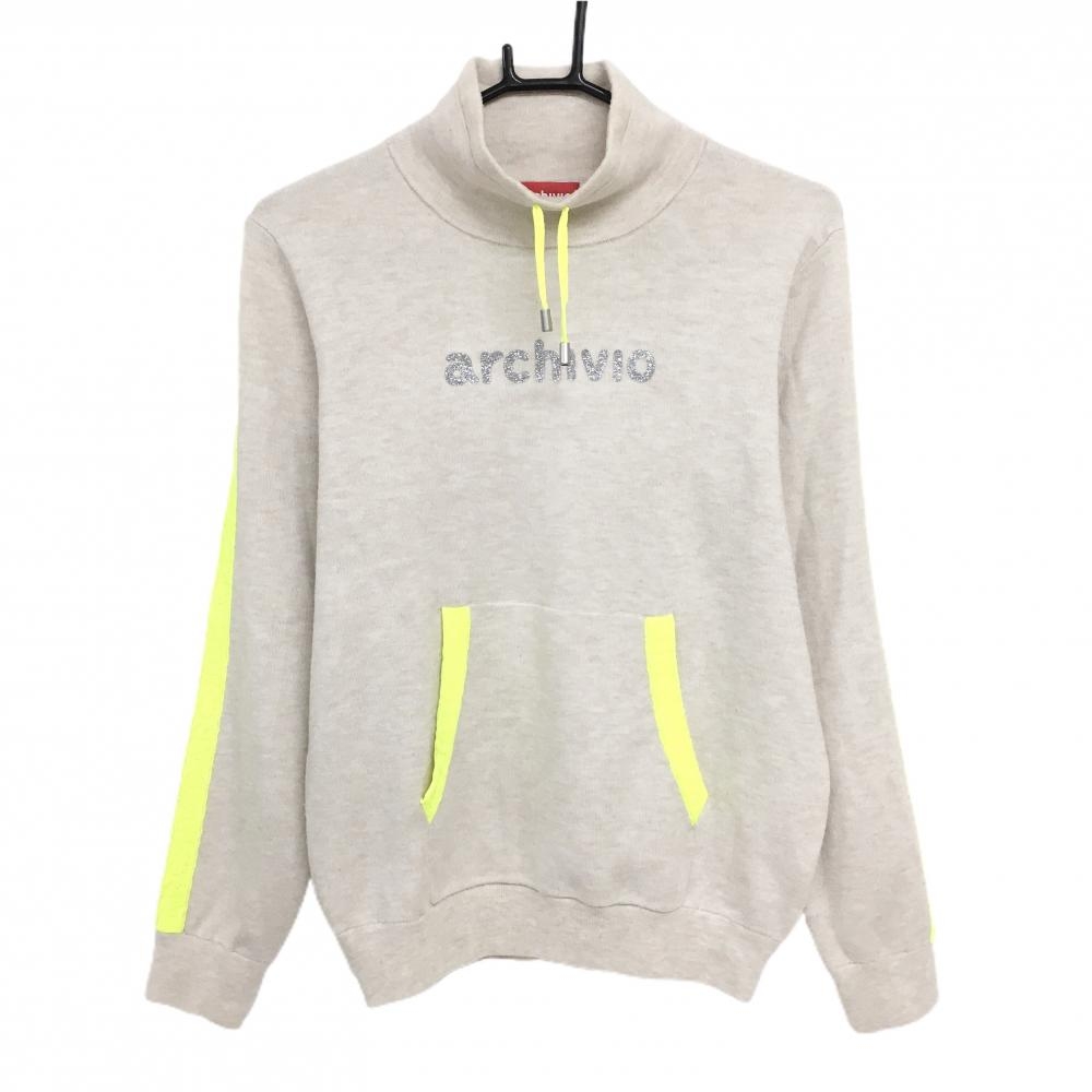 【美品】アルチビオ ハイネックセーター ライトベージュ×蛍光イエロー 袖ロゴライン ニット レディース 38(M) ゴルフウェア archivio