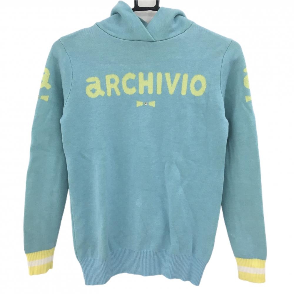 【美品】アルチビオ ニットパーカー ライトブルー×イエロー フロントロゴ セーター レディース 36(S) ゴルフウェア archivio