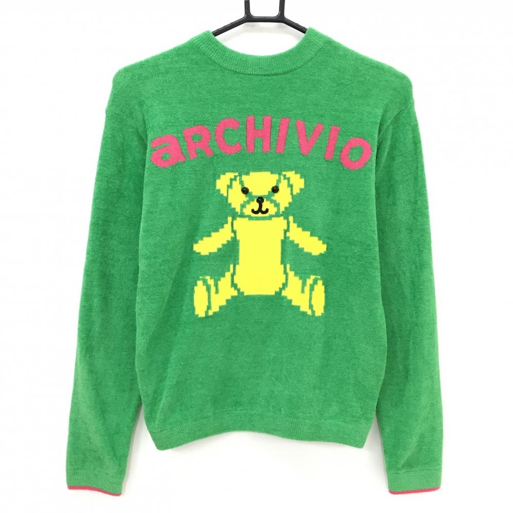 【超美品】アルチビオ セーター グリーン×イエロー クマ モールニット レディース 38(M) ゴルフウェア 2023年モデル archivio