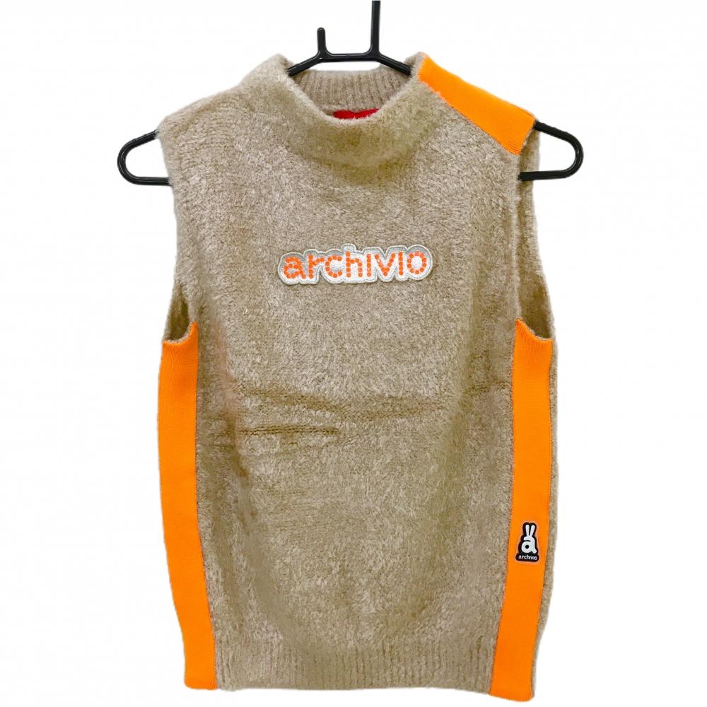 【超美品】アルチビオ ニットベスト ライトブラウン系×オレンジ サイドライン レディース 36(S) ゴルフウェア カタログ掲載 archivio