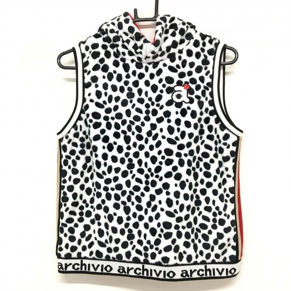 【超美品】アルチビオ ベスト 白×黒 ダルメシアン 起毛 パーカー風 レディース 40(L) ゴルフウェア archivio