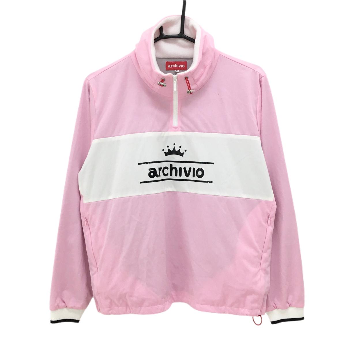 アルチビオ ブルゾン ライトピンク×白 ハーフジップ ロゴ黒 裏地付 襟裏起毛  レディース 38(M) ゴルフウェア archivio
