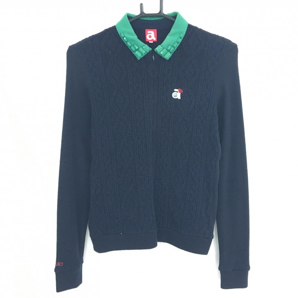 アルチビオ 襟付き長袖シャツ ネイビー 襟グリーン 身頃ケーブル柄 襟ビジュー ハーフジップ レディース 36(S) ゴルフウェア archivio