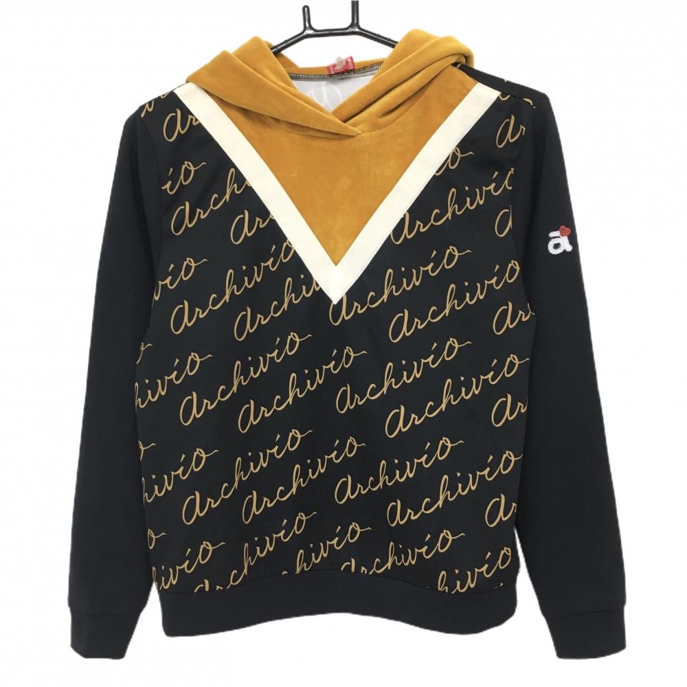 アルチビオ フード付長袖シャツ 黒×イエローブラウン 身頃ロゴ総柄 フード起毛  レディース 38(M) ゴルフウェア archivio