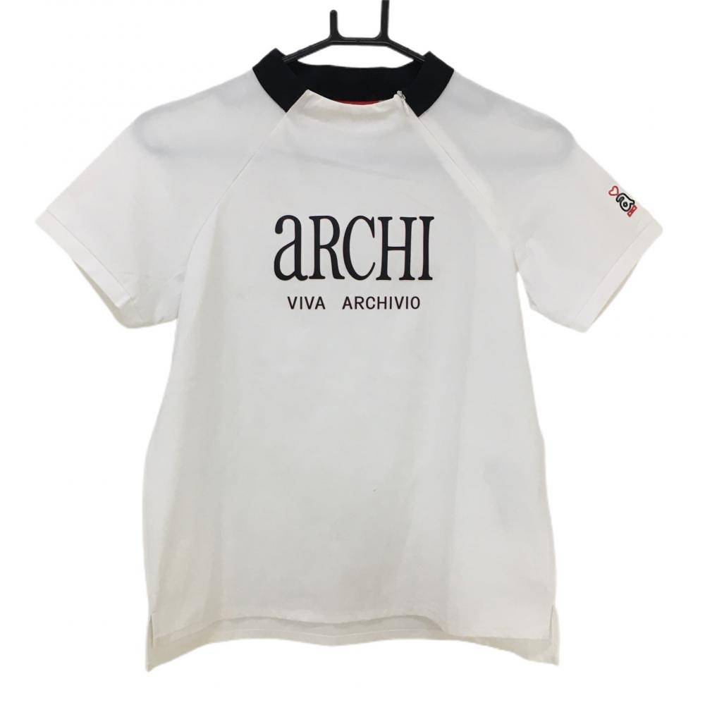 【美品】アルチビオ 半袖ハイネックシャツ 白×黒 フロントロゴ 肩ジップ  レディース 36 ゴルフウェア 2022年モデル archivio