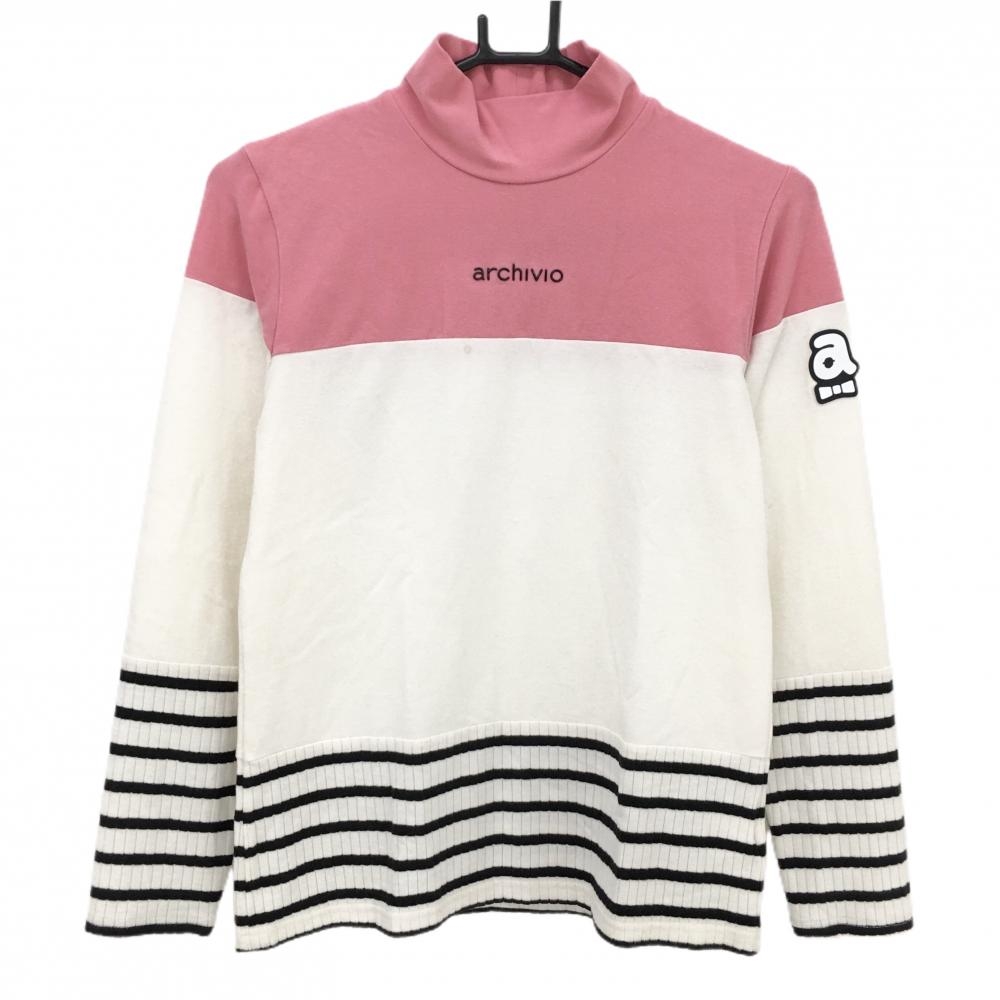 アルチビオ 長袖ハイネックシャツ 白×ピンク 一部ボーダー バイカラー 表微起毛 レディース 38(M) ゴルフウェア archivio