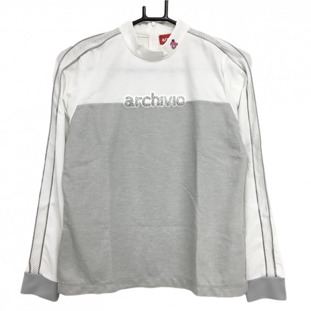 【超美品】アルチビオ 長袖ハイネックシャツ ライトグレー×白 バイカラー 袖一部メッシュ調 レディース 40(L) ゴルフウェア archivio