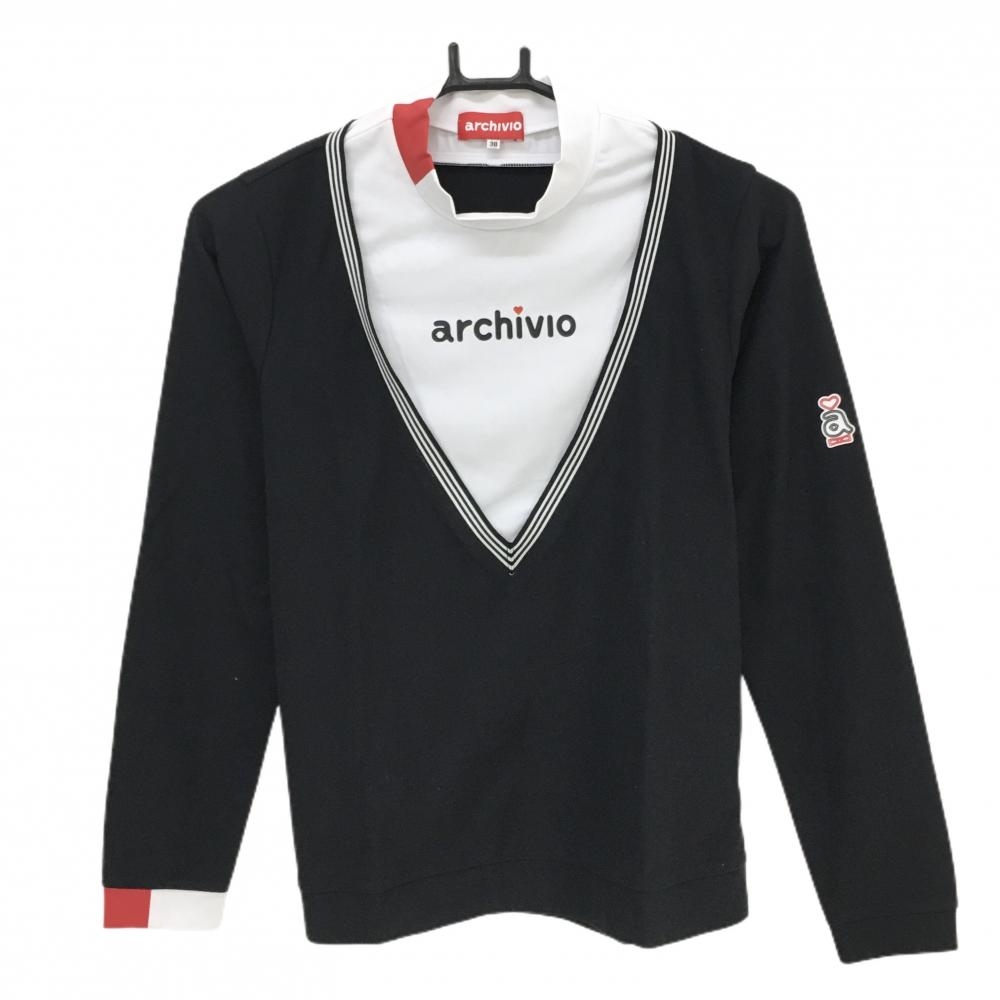 【美品】アルチビオ 長袖ハイネックシャツ 黒×白 重ね着風  レディース 38(M) ゴルフウェア archivio