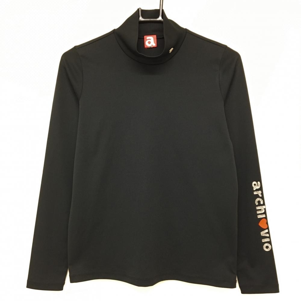 【美品】アルチビオ 長袖ハイネックシャツ 黒 袖ロゴシルバー レディース 38(M) ゴルフウェア archivio