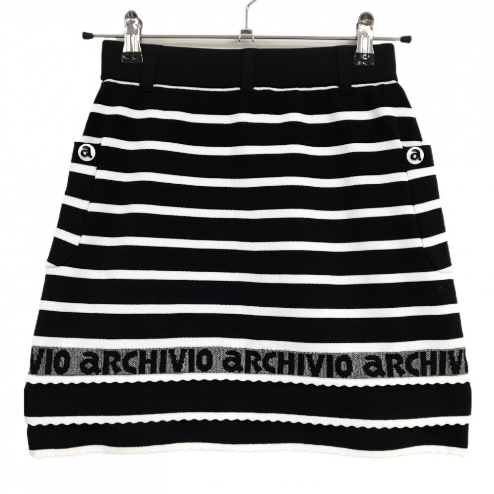 【超美品】アルチビオ ニットスカート 黒×白 ボーダー ロゴ レディース 36(S) ゴルフウェア archivio