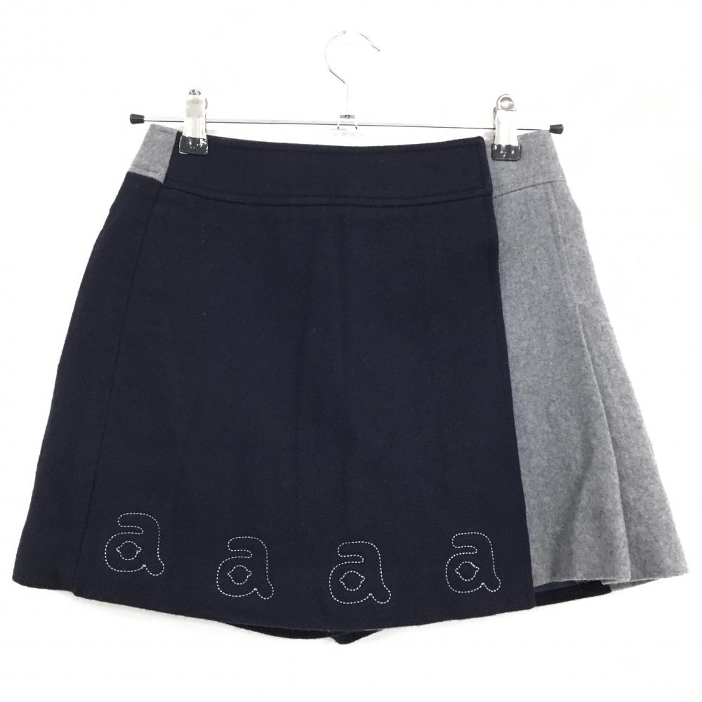 【美品】アルチビオ キュロットスカート 黒×グレー 裾ロゴ刺しゅう ウール混 レディース 38(M) ゴルフウェア archivio