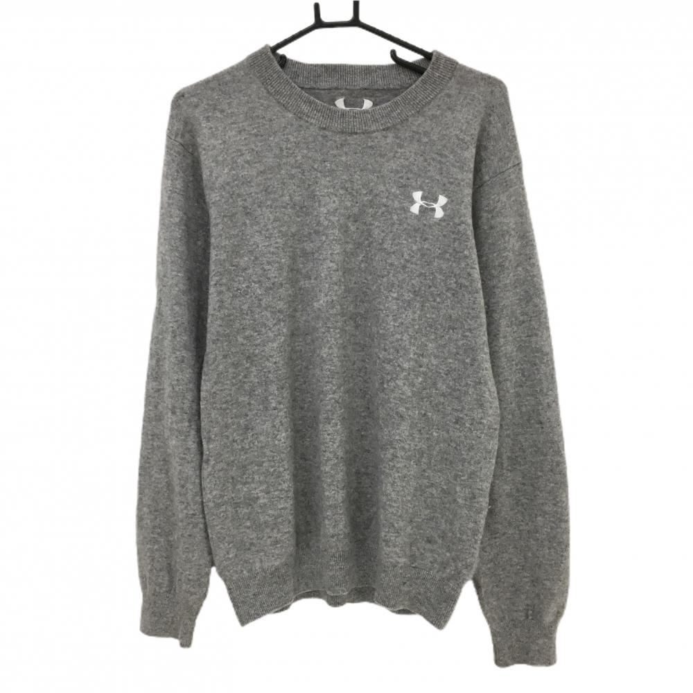 【美品】アンダーアーマー セーター 杢グレー×白 カシミヤ100％ ニット ロゴ刺しゅう レディース LG ゴルフウェア UNDER ARMOUR