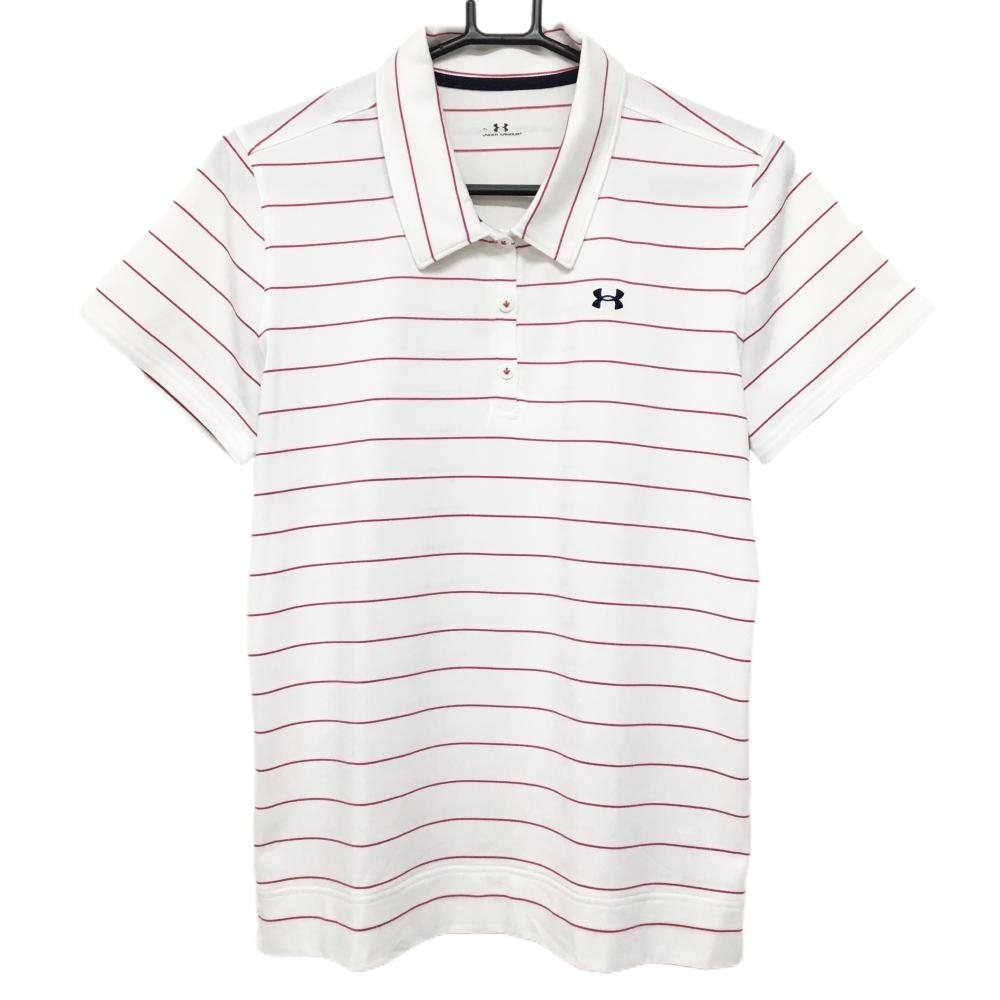 【美品】アンダーアーマー 半袖ポロシャツ 白×レッドピンク ボーダー ストレッチ  レディース XL ゴルフウェア UNDER ARMOUR