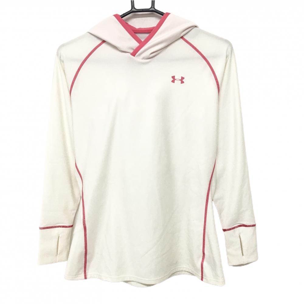【超美品】アンダーアーマー フード付長袖Ｔシャツ 白×ピンク ステッチ 裏微起毛 レディース LG ゴルフウェア UNDER ARMOUR