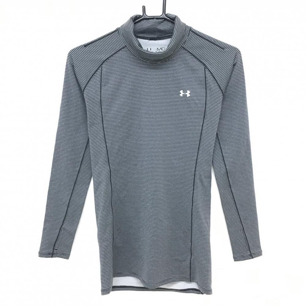 【超美品】アンダーアーマー 長袖ハイネックシャツ グレー×黒 ボーダー 裏微起毛 ロゴプリント レディース MD ゴルフウェア UNDER ARMOUR