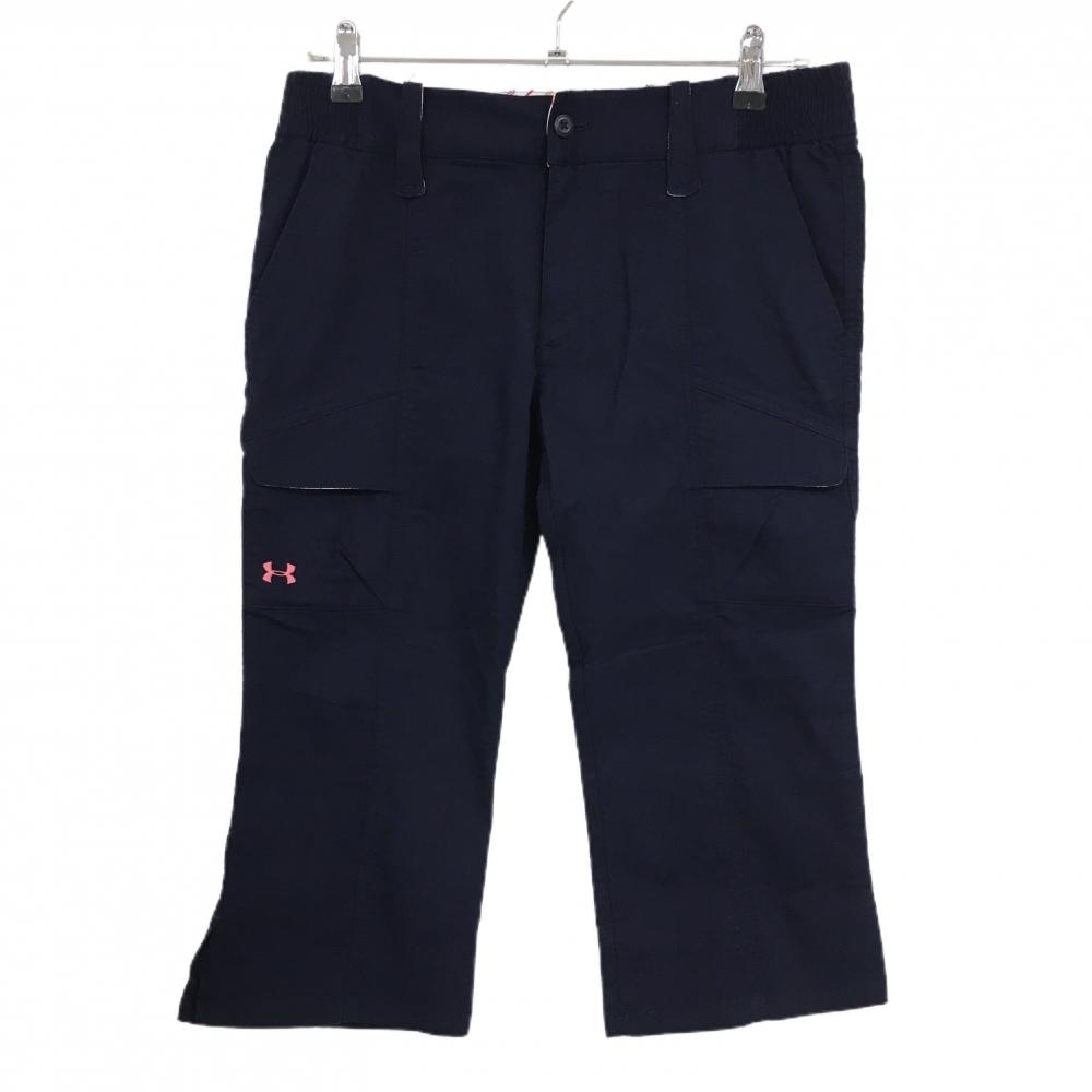 【美品】アンダーアーマー 七分丈パンツ ネイビー ロゴピンク ウエストサイドゴム レディース LG ゴルフウェア UNDER ARMOUR