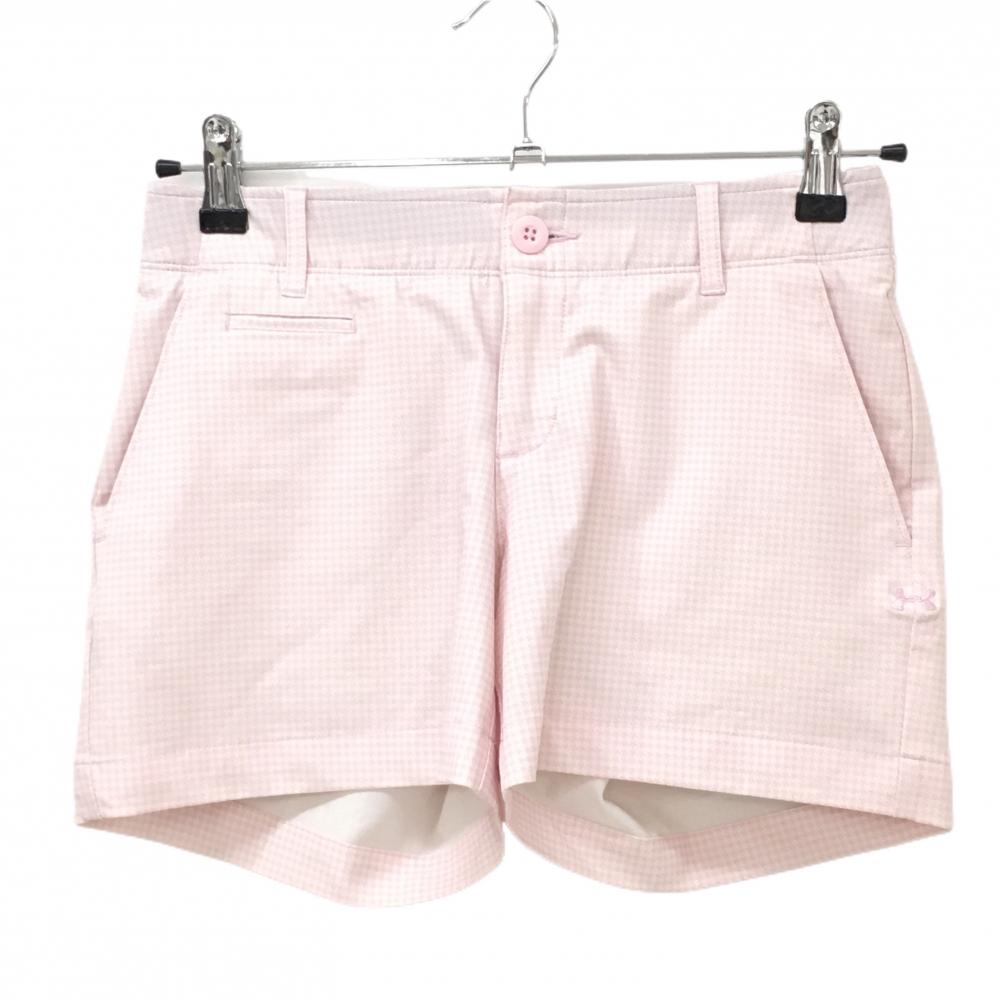 【超美品】アンダーアーマー ショートパンツ 白×ピンク 千鳥柄 ロゴ刺しゅう レディース O ゴルフウェア UNDER ARMOUR