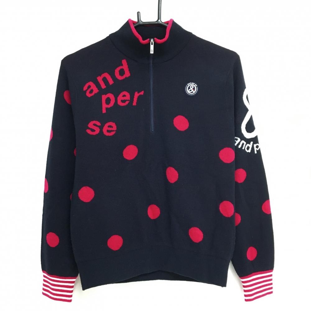 アンパスィ ハイネックセーター ダークネイビー×ピンク ドット ニット ウール混 レディース L ゴルフウェア 2023年モデル and per se