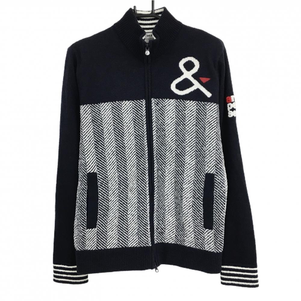 【美品】アンパスィ ニットジャケット ネイビー×白 身頃ヘリンボーン 裏地付き ウール混  レディース M ゴルフウェア and per se